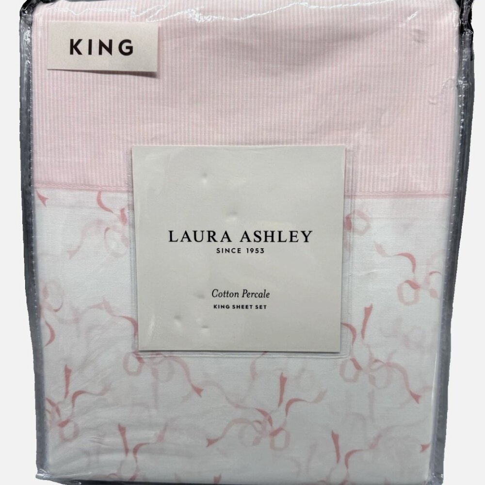 NEW 4pc Laura Ashley KING Sheet Set PINK TRAILING BOWS RIBBON Coquette Cottage